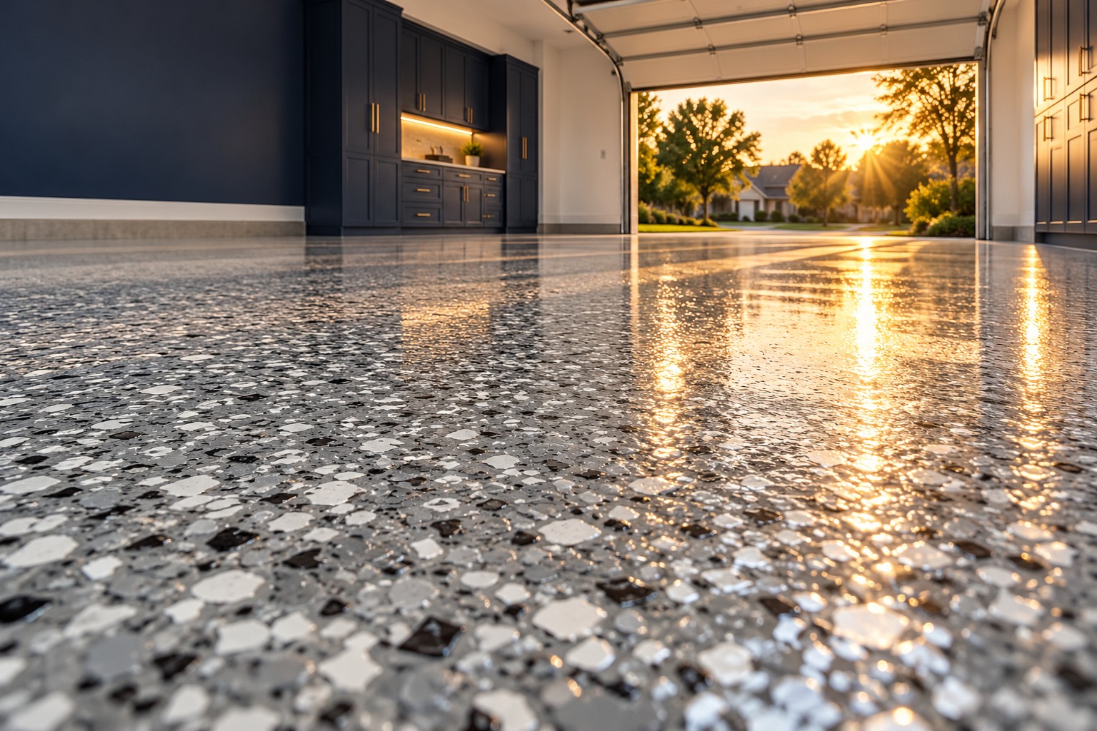 Finish inspiration concept: a flake-coated garage floor with warm evening sunlight